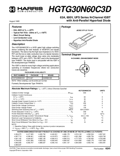 Harris hgtg30n6  . Electronic Components Datasheets Active components Transistors Harris hgtg30n6.pdf