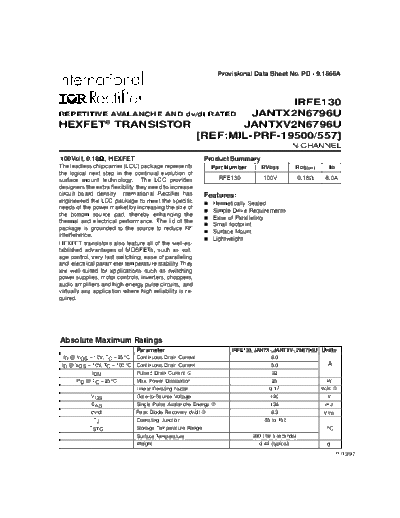 International Rectifier 2n6796u irfe130  . Electronic Components Datasheets Active components Transistors International Rectifier 2n6796u_irfe130.pdf