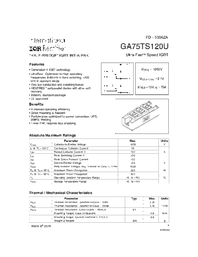 International Rectifier ga75ts120u  . Electronic Components Datasheets Active components Transistors International Rectifier ga75ts120u.pdf