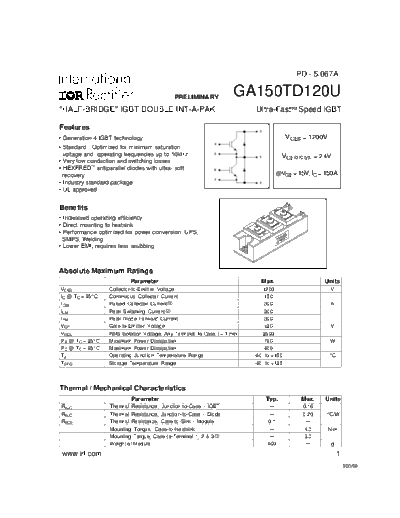 International Rectifier ga150td120u  . Electronic Components Datasheets Active components Transistors International Rectifier ga150td120u.pdf