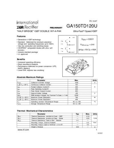 International Rectifier ga150td12u  . Electronic Components Datasheets Active components Transistors International Rectifier ga150td12u.pdf