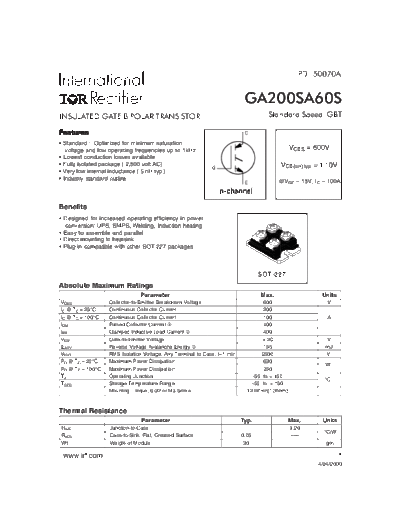 International Rectifier ga200sa60s  . Electronic Components Datasheets Active components Transistors International Rectifier ga200sa60s.pdf