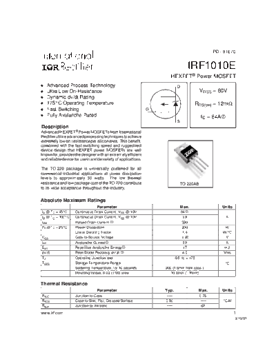 International Rectifier irf1010e  . Electronic Components Datasheets Active components Transistors International Rectifier irf1010e.pdf