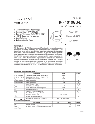 International Rectifier irf1010esl  . Electronic Components Datasheets Active components Transistors International Rectifier irf1010esl.pdf