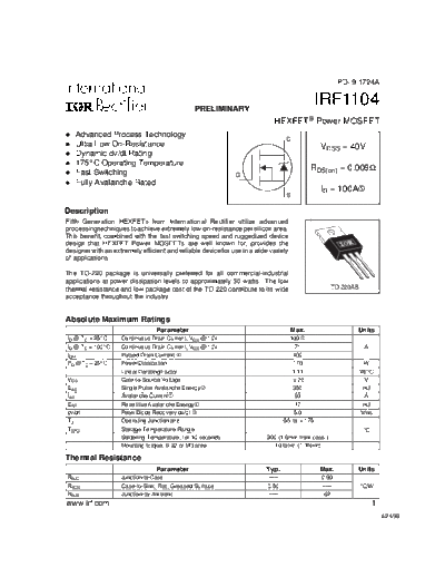 International Rectifier irf1104  . Electronic Components Datasheets Active components Transistors International Rectifier irf1104.pdf