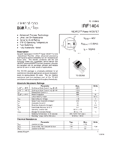 International Rectifier irf1404  . Electronic Components Datasheets Active components Transistors International Rectifier irf1404.pdf