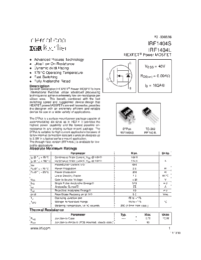 International Rectifier irf1404s  . Electronic Components Datasheets Active components Transistors International Rectifier irf1404s.pdf