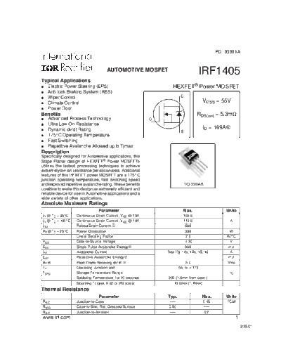 International Rectifier irf1405  . Electronic Components Datasheets Active components Transistors International Rectifier irf1405.pdf