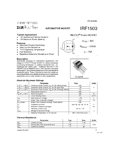 International Rectifier irf1503  . Electronic Components Datasheets Active components Transistors International Rectifier irf1503.pdf