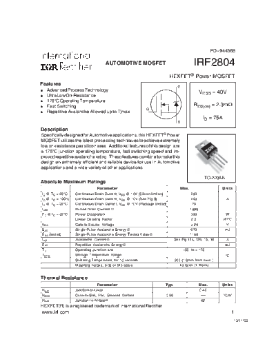 International Rectifier irf2804  . Electronic Components Datasheets Active components Transistors International Rectifier irf2804.pdf