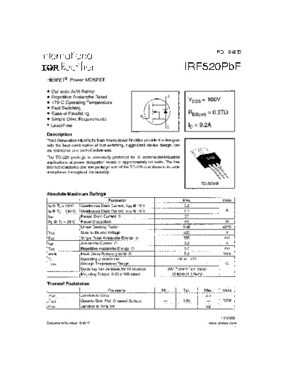 International Rectifier irf520pbf  . Electronic Components Datasheets Active components Transistors International Rectifier irf520pbf.pdf