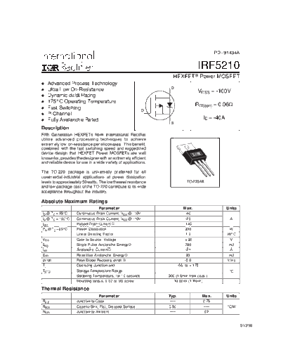 International Rectifier irf5210  . Electronic Components Datasheets Active components Transistors International Rectifier irf5210.pdf