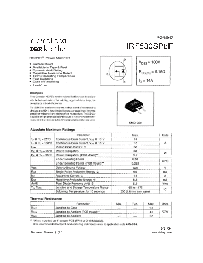 International Rectifier irf530spbf  . Electronic Components Datasheets Active components Transistors International Rectifier irf530spbf.pdf