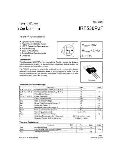International Rectifier irf530pbf  . Electronic Components Datasheets Active components Transistors International Rectifier irf530pbf.pdf