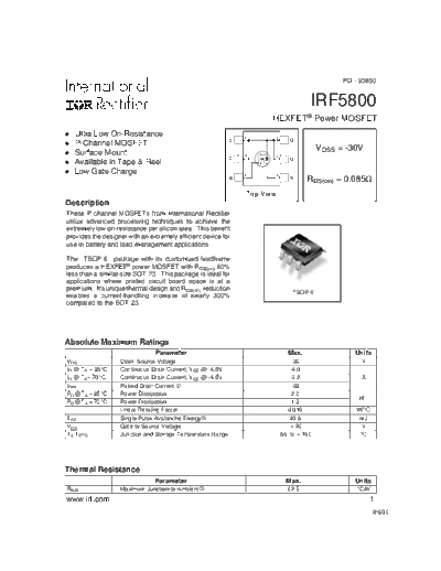 International Rectifier irf5800  . Electronic Components Datasheets Active components Transistors International Rectifier irf5800.pdf