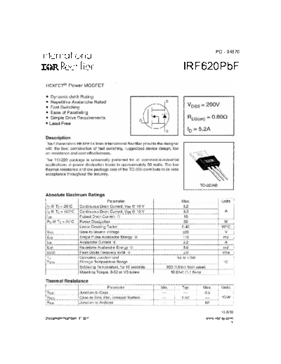 International Rectifier irf620  . Electronic Components Datasheets Active components Transistors International Rectifier irf620.pdf