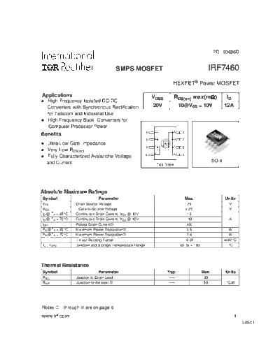 International Rectifier irf7460  . Electronic Components Datasheets Active components Transistors International Rectifier irf7460.pdf