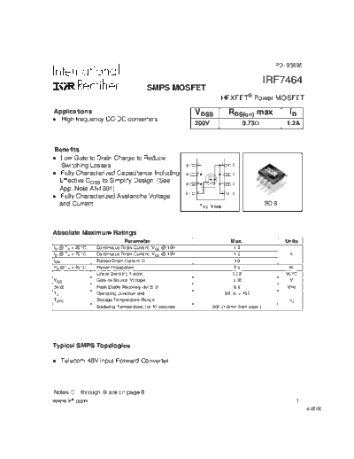 International Rectifier irf7464  . Electronic Components Datasheets Active components Transistors International Rectifier irf7464.pdf