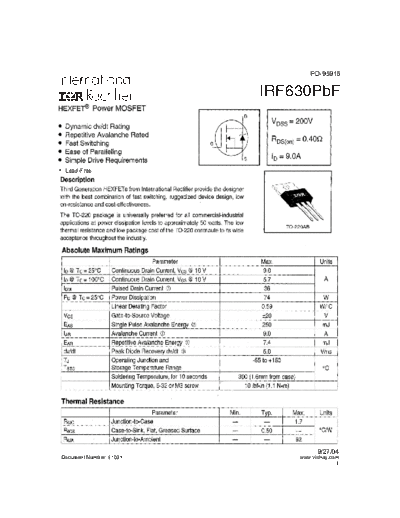 International Rectifier irf630pbf  . Electronic Components Datasheets Active components Transistors International Rectifier irf630pbf.pdf