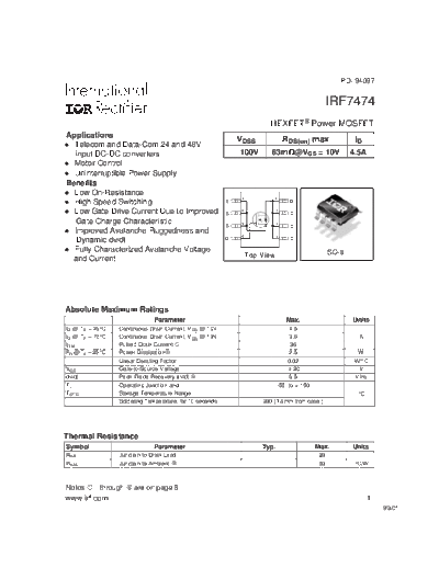 International Rectifier irf7474  . Electronic Components Datasheets Active components Transistors International Rectifier irf7474.pdf