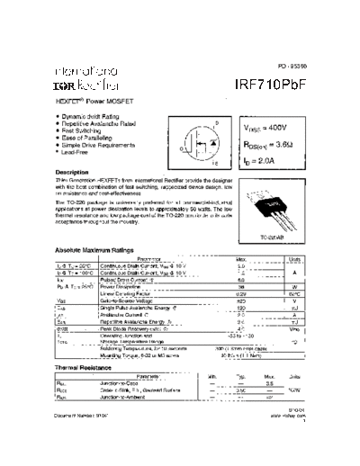 International Rectifier irf710pbf  . Electronic Components Datasheets Active components Transistors International Rectifier irf710pbf.pdf