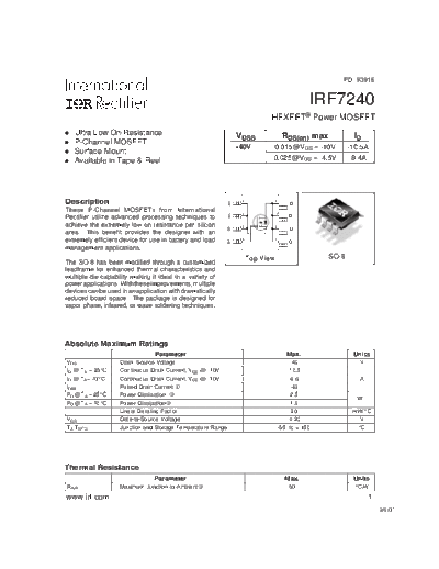 International Rectifier irf7240  . Electronic Components Datasheets Active components Transistors International Rectifier irf7240.pdf