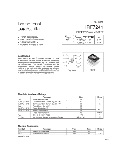 International Rectifier irf7241  . Electronic Components Datasheets Active components Transistors International Rectifier irf7241.pdf