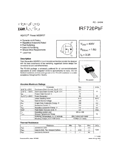 International Rectifier irf720  . Electronic Components Datasheets Active components Transistors International Rectifier irf720.pdf