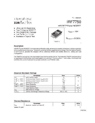 International Rectifier irf7750  . Electronic Components Datasheets Active components Transistors International Rectifier irf7750.pdf