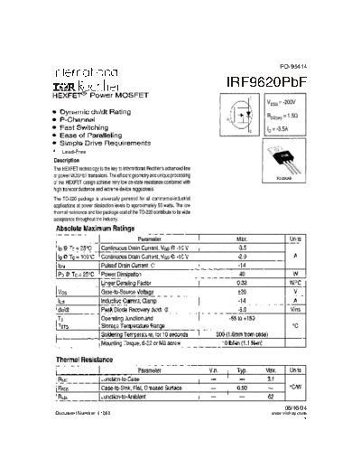 International Rectifier irf9620pbf  . Electronic Components Datasheets Active components Transistors International Rectifier irf9620pbf.pdf