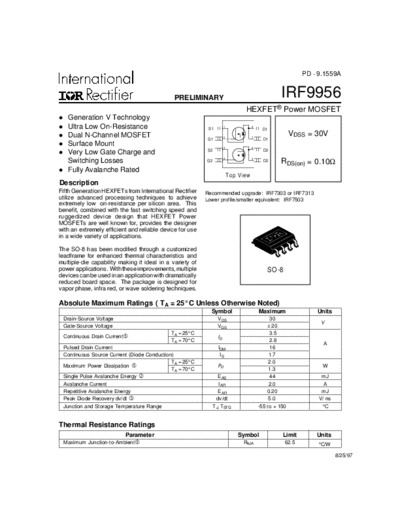 International Rectifier irf9956  . Electronic Components Datasheets Active components Transistors International Rectifier irf9956.pdf