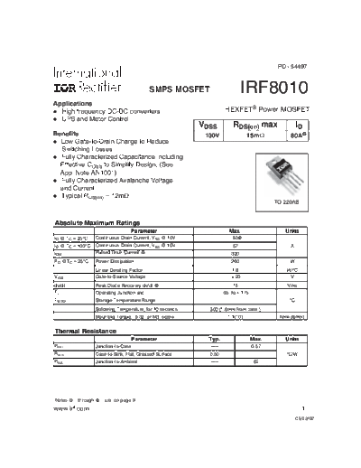 International Rectifier irf8010  . Electronic Components Datasheets Active components Transistors International Rectifier irf8010.pdf