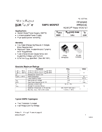 International Rectifier irf820as  . Electronic Components Datasheets Active components Transistors International Rectifier irf820as.pdf