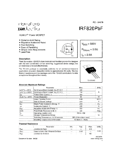 International Rectifier irf820pbf  . Electronic Components Datasheets Active components Transistors International Rectifier irf820pbf.pdf