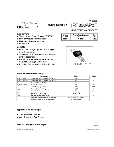 International Rectifier irf830apbf  . Electronic Components Datasheets Active components Transistors International Rectifier irf830apbf.pdf