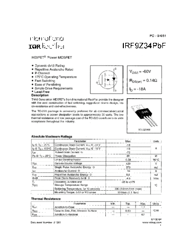 International Rectifier irf9z34pbf  . Electronic Components Datasheets Active components Transistors International Rectifier irf9z34pbf.pdf