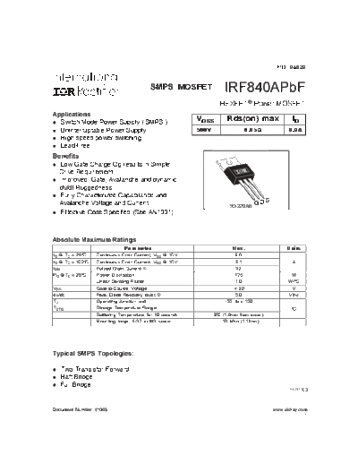 International Rectifier irf840a  . Electronic Components Datasheets Active components Transistors International Rectifier irf840a.pdf