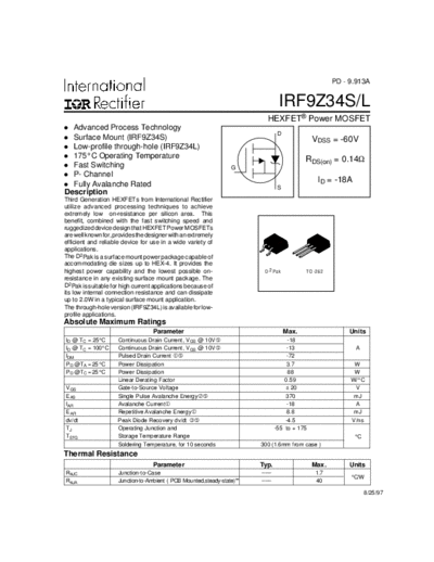 International Rectifier irf9z34s  . Electronic Components Datasheets Active components Transistors International Rectifier irf9z34s.pdf