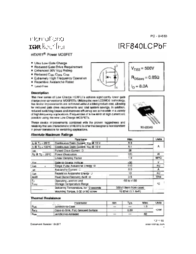 International Rectifier irf840lcpbf  . Electronic Components Datasheets Active components Transistors International Rectifier irf840lcpbf.pdf