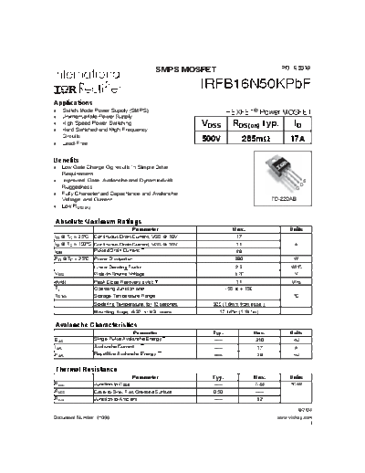 International Rectifier irfb16n50kpbf  . Electronic Components Datasheets Active components Transistors International Rectifier irfb16n50kpbf.pdf