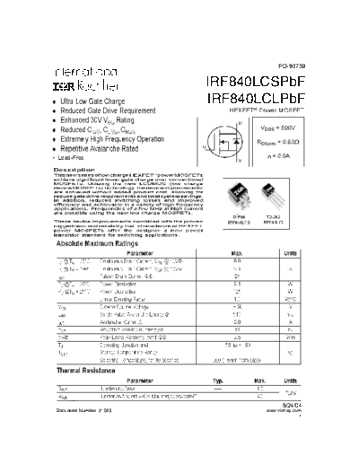 International Rectifier irf840lcspbf irf840lclpbf  . Electronic Components Datasheets Active components Transistors International Rectifier irf840lcspbf_irf840lclpbf.pdf