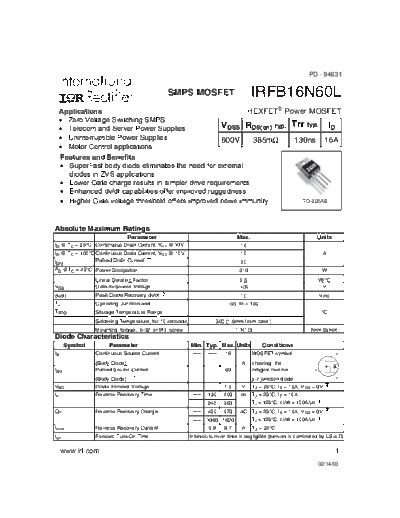 International Rectifier irfb16n60l  . Electronic Components Datasheets Active components Transistors International Rectifier irfb16n60l.pdf