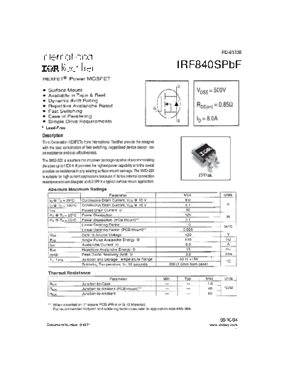 International Rectifier irf840spbf  . Electronic Components Datasheets Active components Transistors International Rectifier irf840spbf.pdf