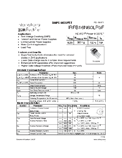 International Rectifier irfb16n60lpbf  . Electronic Components Datasheets Active components Transistors International Rectifier irfb16n60lpbf.pdf