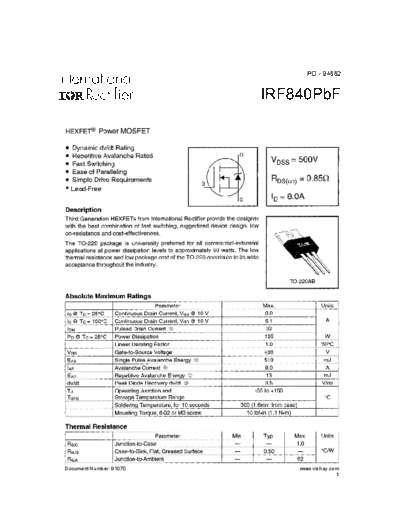 International Rectifier irf840pbf  . Electronic Components Datasheets Active components Transistors International Rectifier irf840pbf.pdf