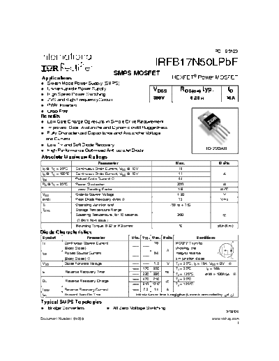 International Rectifier irfb17n50lpbf  . Electronic Components Datasheets Active components Transistors International Rectifier irfb17n50lpbf.pdf