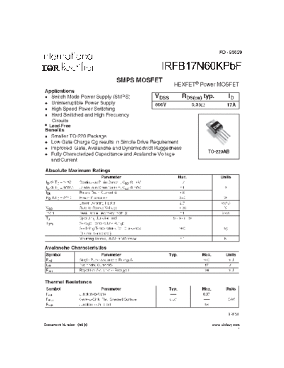 International Rectifier irfb17n60k  . Electronic Components Datasheets Active components Transistors International Rectifier irfb17n60k.pdf