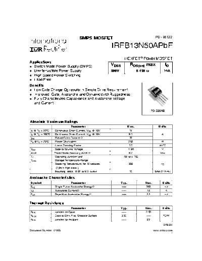 International Rectifier irfb13n50apbf  . Electronic Components Datasheets Active components Transistors International Rectifier irfb13n50apbf.pdf