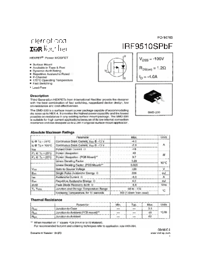 International Rectifier irf9510spbf  . Electronic Components Datasheets Active components Transistors International Rectifier irf9510spbf.pdf