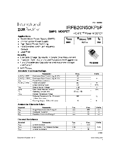 International Rectifier irfb20n50kpbf  . Electronic Components Datasheets Active components Transistors International Rectifier irfb20n50kpbf.pdf
